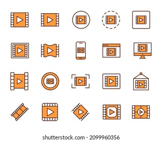 Iconos de diseño multimedia establecidos. Iconos vectoriales de línea delgada para conceptos móviles y aplicaciones web. Iconos de primera calidad en un estilo plano de moda. Colección del logotipo del esquema de color de alta calidad