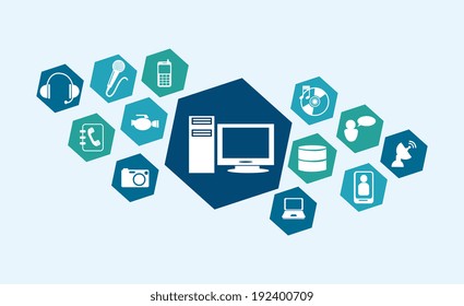 Multimedia design over blue background, vector illustration