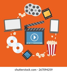 Multimedia design over orange background, vector illustration.