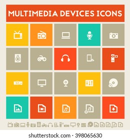 Multimedia devices icon set. Multicolored square flat buttons