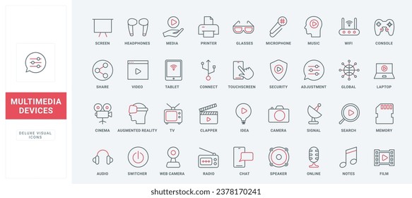 Multimedia devices thin black and red line icons set vector illustration. Outline microphone and speaker to play and record music, video camera for movie, gadget settings, digital media search
