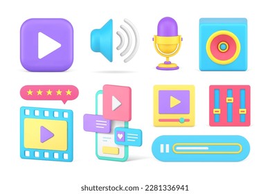 Multimedia digital content music video broadcast smartphone application set 3d icon realistic vector illustration. Social media network internet streaming service online play button loading badge