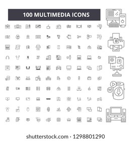 Multimedia editable line icons, 100 vector set, collection. Multimedia black outline illustrations, signs, symbols