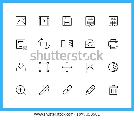 multimedia and editor linear icons and color icons. crop, size, adjustment, flip, printer. Set of text, camera, video symbols drawn with thin contour lines. Vector illustration