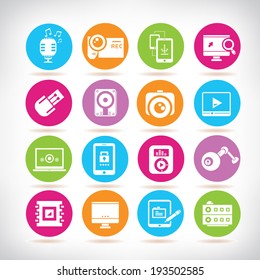 multimedia, electronic device icons set, colorful buttons set