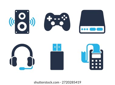 Conjunto de iconos de accesorios multimedia y de entretenimiento. Iconos de la serie de glifos sólidos