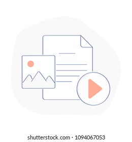 Multimedia File, Media content and web player elements. Photo file, Document blank and Player button. Flat outline vector illustration on white background.