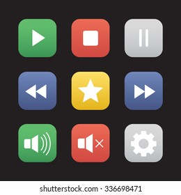 Multimedia flat design icons set. Audio and video control elements. Mp3 music player graphic interface items. Rewind, pause, stop and play buttons. Settings pictogram and rating star symbol. Vector 