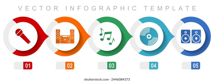 Multimedia flat design infographic template, miscellaneous symbols such as microphone, stereo equipment, vinyl and speakers, vector icons collection