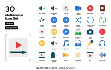 Multimedia Flat Icon Set: Video Production, Audio Recording, and Content Creation Icons