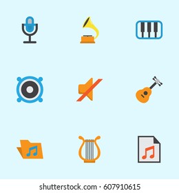 Multimedia Flat Icons Set. Collection Of Shellac, Acoustic, Sonata And Other Elements. Also Includes Symbols Such As Shellac, Mic, Music.