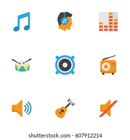 Multimedia Flat Icons Set. Collection Of Controlling, Acoustic, Band Elements. Also Includes Symbols Such As Instrument, Musical, Loudspeaker.