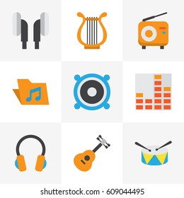 Multimedia Flat Icons Set. Collection Of Broadcasting, Band, Portfolio Elements. Also Includes Symbols Such As Music, Controlling, Guitar.