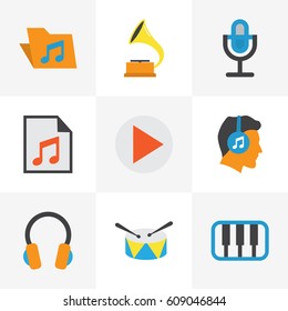 Multimedia Flat Icons Set. Collection Of Portfolio, Shellac, Media And Other Elements. Also Includes Symbols Such As Mic, Music, Gramophone.