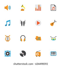 Multimedia Flat Icons Set. Collection Of Shellac, Controlling, Earpiece And Other Elements. Also Includes Symbols Such As Begin, Disk, Piano.