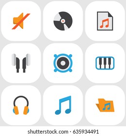 Multimedia Flat Icons Set. Collection Of Quiet, Media, Pianoforte And Other Elements. Also Includes Symbols Such As Portfolio, Volume, Mute.
