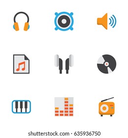 Multimedia Flat Icons Set. Collection Of Audio, Media, Loudspeaker And Other Elements. Also Includes Symbols Such As Equalizer, Loudspeaker, Megaphone.