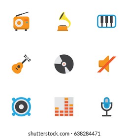 Multimedia Flat Icons Set. Collection Of Shellac, Acoustic, Loudspeaker And Other Elements. Also Includes Symbols Such As Instrument, Musical, Microphone.
