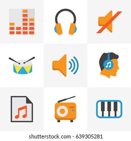 Multimedia Flat Icons Set. Collection Of Band, Pianoforte, Ear Muffs Elements. Also Includes Symbols Such As Earmuff, Quiet, Play.