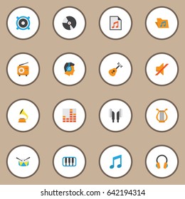 Multimedia Flat Icons Set. Collection Of Controlling, Media, Ear Muffs And Other Elements. Also Includes Symbols Such As Harp, Dj, List.
