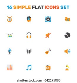 Multimedia Flat Icons Set. Collection Of Male, Quiet, Controlling And Other Elements. Also Includes Symbols Such As Sonata, Note, Volume.