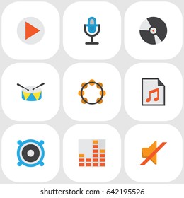 Multimedia Flat Icons Set. Collection Of Rhythm, Media, Karaoke And Other Elements. Also Includes Symbols Such As Button, Play, Disk.