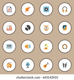 Multimedia Flat Icons Set. Collection Of Pianoforte, Shellac, Male And Other Elements. Also Includes Symbols Such As Voice, Frequency, Play.