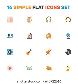 Multimedia Flat Icons Set. Collection Of Broadcasting, Acoustic, Karaoke And Other Elements. Also Includes Symbols Such As Play, Shellac, Megaphone.