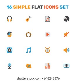 Multimedia Flat Icons Set. Collection Of Ear Muffs, Portfolio, Rhythm And Other Elements. Also Includes Symbols Such As List, Voice, Vinyl.