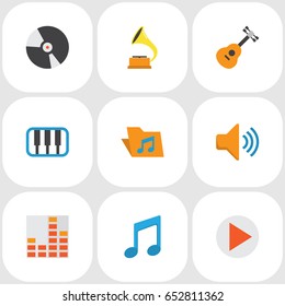 Multimedia Flat Icons Set. Collection Of Dj, Audio, Tone And Other Elements. Also Includes Symbols Such As Audio, Gramophone, Phonograph.