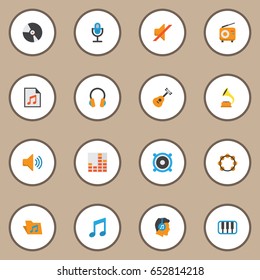 Multimedia Flat Icons Set. Collection Of Tone, Acoustic, Ear Muffs And Other Elements. Also Includes Symbols Such As Samba, Listen, Guitar.