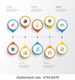 Multimedia Flat Icons Set. Collection Of Loudspeaker, Dj, Controlling And Other Elements. Also Includes Symbols Such As Equalizer, Headphone, Frequency.
