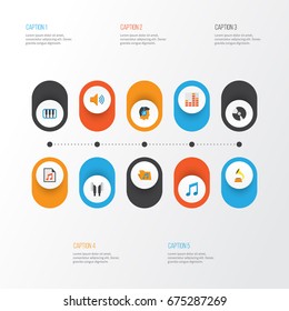 Multimedia Flat Icons Set. Collection Of Shellac, Pianoforte, Earpiece And Other Elements. Also Includes Symbols Such As List, Voice, Phonograph.