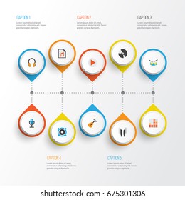 Multimedia Flat Icons Set. Collection Of Loudspeaker, Media, Band Elements. Also Includes Symbols Such As Drum, Mic, Karaoke.