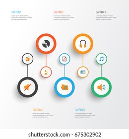 Multimedia Flat Icons Set. Collection Of Portfolio, Shellac, Audio And Other Elements. Also Includes Symbols Such As Portfolio, Pianoforte, Synthesizer.