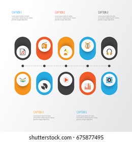 Multimedia Flat Icons Set. Collection Of Band, Ear Muffs, Button Elements. Also Includes Symbols Such As Dj, Controlling, Megaphone.