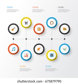 Multimedia Flat Icons Set. Collection Of Acoustic, Broadcasting, Portfolio And Other Elements. Also Includes Symbols Such As Tone, Loudspeaker, Samba.