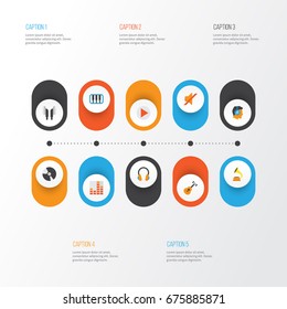 Multimedia Flat Icons Set. Collection Of Ear Muffs, Earpiece, Controlling And Other Elements. Also Includes Symbols Such As Guitar, Musical, Button.