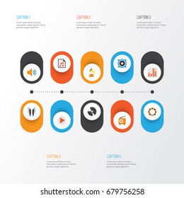 Multimedia Flat Icons Set. Collection Of Button, Dj, Earpiece And Other Elements. Also Includes Symbols Such As Samba, Controlling, Button.