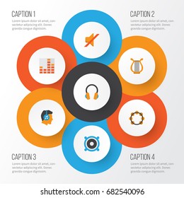 Multimedia Flat Icons Set. Collection Of Male, Controlling, Loudspeaker And Other Elements. Also Includes Symbols Such As Philharmonic, Loudspeaker, Controlling.