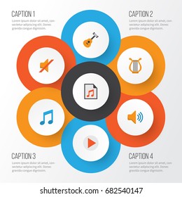 Multimedia Flat Icons Set. Collection Of Quiet, Tone, Button And Other Elements. Also Includes Symbols Such As Harp, Philharmonic, Button.