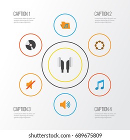 Multimedia Flat Icons Set. Collection Of Earpiece, Audio, Quiet And Other Elements. Also Includes Symbols Such As Dj, Tambourine, Quiet.