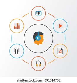 Multimedia Flat Icons Set. Collection Of Ear Muffs, Earpiece, Pianoforte And Other Elements. Also Includes Symbols Such As Headphone, Piano, Controlling.