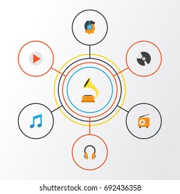 Multimedia Flat Icons Set. Collection Of Tone, Male, Button And Other Elements. Also Includes Symbols Such As Phonograph, Button, Play.
