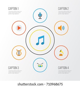 Multimedia Flat Icons Set. Collection Of Button, Tone, Sonata And Other Elements. Also Includes Symbols Such As Note, Musical, Mic.