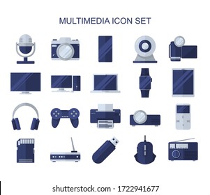 Multimedia flat icons set. Colorful illustrations of multimedia image. Vector.