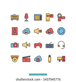 Multimedia Flat Line Icon Set Vector Illustration Logo Template For Website Or Mobile App.