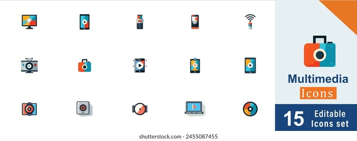 Multimedia flat vector editable icons set