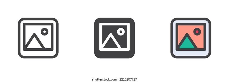 Conjunto de iconos de estilos diferentes de la galería multimedia. Línea, glifo y contorno relleno versión colorida, contorno y signo vectorial relleno. Símbolo, ilustración del logotipo. Gráficos vectoriales