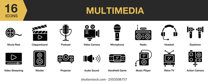 Multimedia Glyph icon set. Includes action camera, audio sound, clapperboard, movie reel, woofer, and More. Solid icons vector collection.